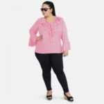 Generic Women's Casual Bell Sleeve Solid Pink Top (Color:Pink, Material:Georgette) - Image 2