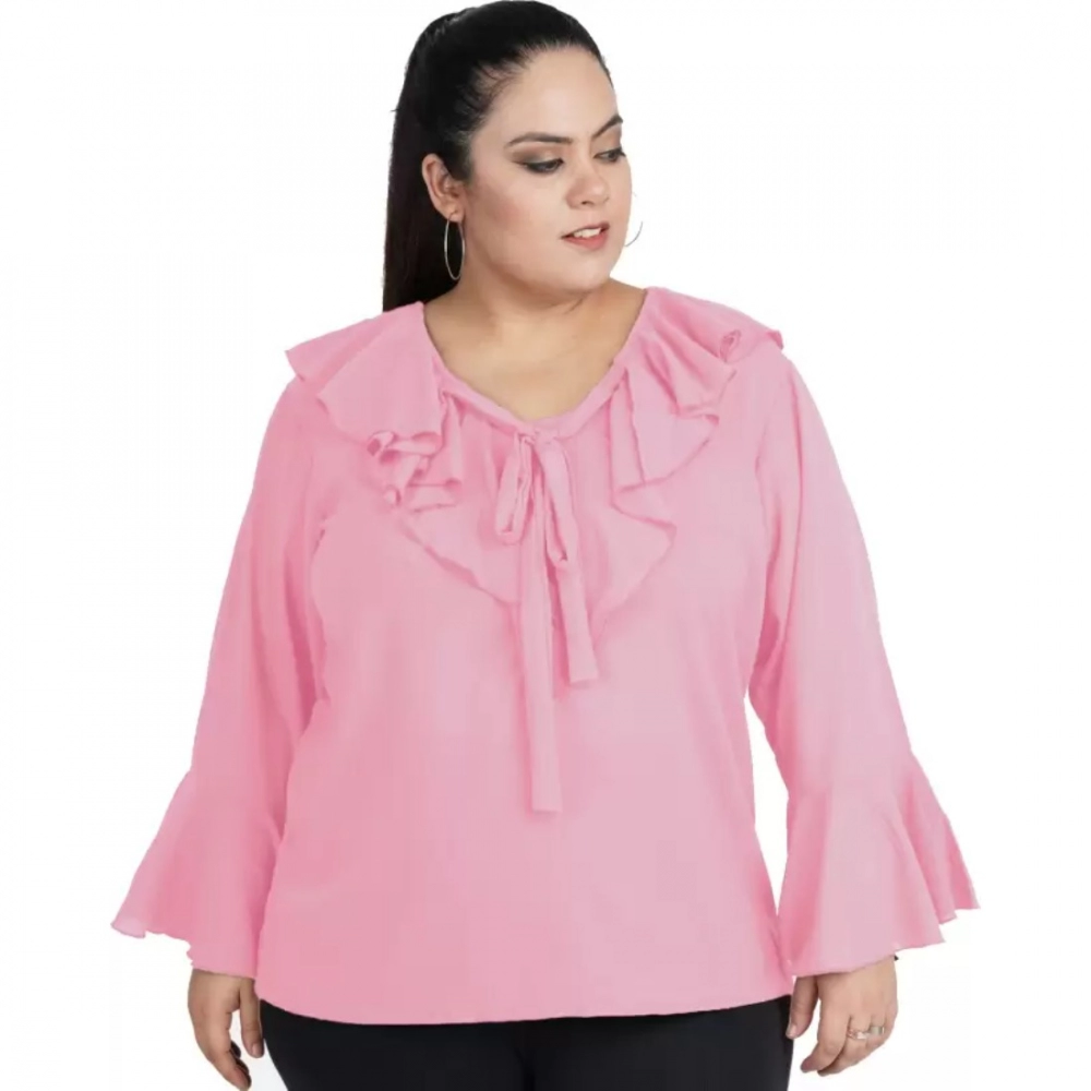 52100149133_8ebe3969e2_o_d-1000x1000-1.webp Generic Women's Casual Bell Sleeve Solid Pink Top (Color:Pink, Material:Georgette) - Image 1