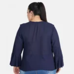 Generic Women's Casual Bell Sleeve Solid Blue Top (Color:Blue, Material:Georgette) - Image 3
