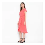 Generic Women's Polyester Ruffled Cap Sleeve Below Knee Dress (Coral Pink) - Image 3