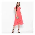 Generic Women's Polyester Ruffled Cap Sleeve Below Knee Dress (Coral Pink) - Image 6
