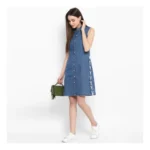 Generic Women's Denim Solid Sleeveless Above Knee Dress (Blue) - Image 6