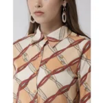 Generic Women's Polyester Printed Roll Up Sleeve Above Knee Dress (Off White - Brown) - Image 2