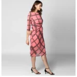 Generic Women's Polyester Checkered 3-4th Sleeves Below Knee Dress (Pink - Black) - Image 4