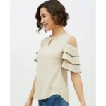 Generic Women's Polyester Tiered Cold Shoulder Top (Beige) - Image 3