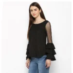 Generic Women's Polyester Solid Tier Sleeve Top (Black) - Image 3