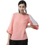 Generic Women's Polyester Colour Block Slit Sleeve Top (Pink)