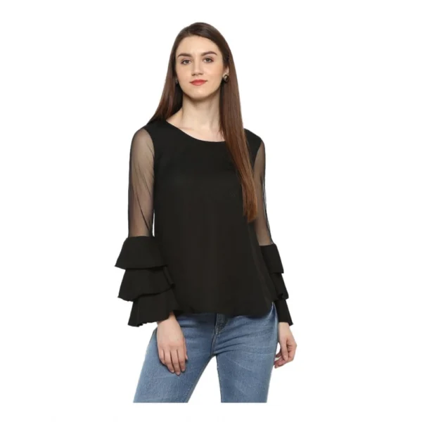 Generic Women's Polyester Solid Tier Sleeve Top (Black)