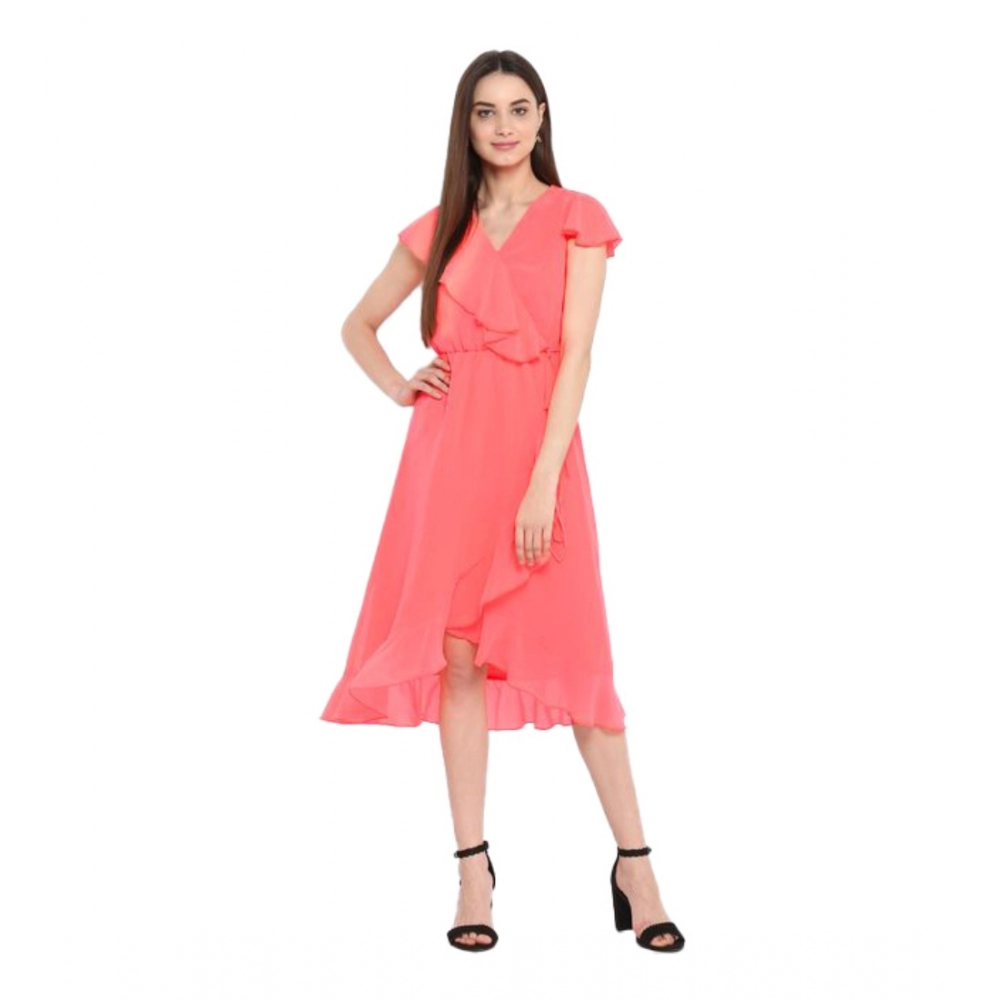 54041836309_970dc797c5_o_d-1000x1000-1.webp Generic Women's Polyester Ruffled Cap Sleeve Below Knee Dress (Coral Pink) - Image 1