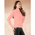 Generic Women's Polyester Solid High Neck Full Sleeve T-Shirt (Peach) - Image 2