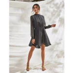 Generic Women's Fox Georgette Solid High Neck Full Sleeve Dress (Grey) - Image 2