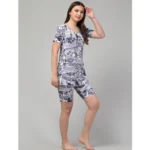 Generic Women's Polyester Spandex Printed Above Knee Slip On Round Neck Swimsuit Set (Grey) - Image 3