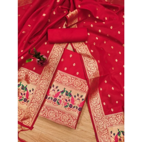 Generic Women's Banarasi Silk Printed Unstitched Salwar Suit Material With Dupatta (Red, 3Mtrs)