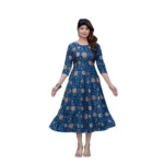 Generic Women's Rayon Print With Embroidery Work A-Line Kurti (Navy Blue)