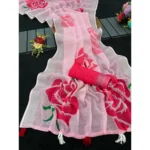 Generic Women's Linen Cotton  Printed Saree With Unstitched Blouse 5.5Mtr (Pink)