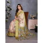 Generic Women's Cotton Silk  Printed Saree With Unstitched Blouse 5.5Mtr (Olive Green) - Image 3