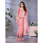 Generic Women's Linen Cotton  Printed Saree With Unstitched Blouse 5.5Mtr (Peach) - Image 3