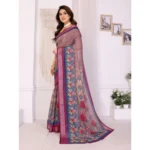 Generic Women's Linen Cotton  Printed Saree With Unstitched Blouse 5.5Mtr (Wine ) - Image 2