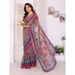 Generic Women's Linen Cotton  Printed Saree With Unstitched Blouse 5.5Mtr (Wine ) - Image 3