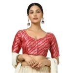 Generic Women's Jacquard Zari Round Neck Padded Blouse (Red 38 Ready (Self Alterable 36–40)