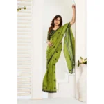 Generic Women's Linen Cotton Printed Ready To Wear Saree With Unstitched Blouse 5.5 Mtr (Green) - Image 4