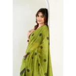 Generic Women's Linen Cotton Printed Ready To Wear Saree With Unstitched Blouse 5.5 Mtr (Green) - Image 3