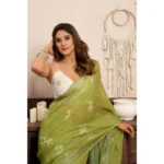Generic Women's Linen Cotton Printed Ready To Wear Saree With Unstitched Blouse 5.5 Mtr (Light_Green) - Image 3