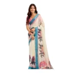 Generic Women's Linen Cotton Printed Ready To Wear Saree With Unstitched Blouse 5.5 Mtr (Cream)