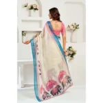 Generic Women's Linen Cotton Printed Ready To Wear Saree With Unstitched Blouse 5.5 Mtr (Cream) - Image 4