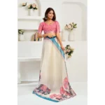 Generic Women's Linen Cotton Printed Ready To Wear Saree With Unstitched Blouse 5.5 Mtr (Cream) - Image 2