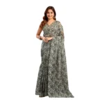 Generic Women's Linen Cotton Printed Ready To Wear With Pocket Saree With Unstitched Blouse 5.5 Mtr (Grey)