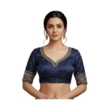Generic Women's Vichitra Silk V Neck Padded Blouse (Navy, 38 Ready Size (Self-Alterable 36–40)
