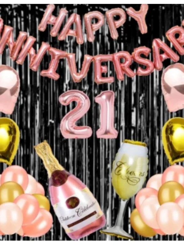 21St Anniversary Rose Gold Foil Balloons With Happy Decoration Items Set (Rose Gold)