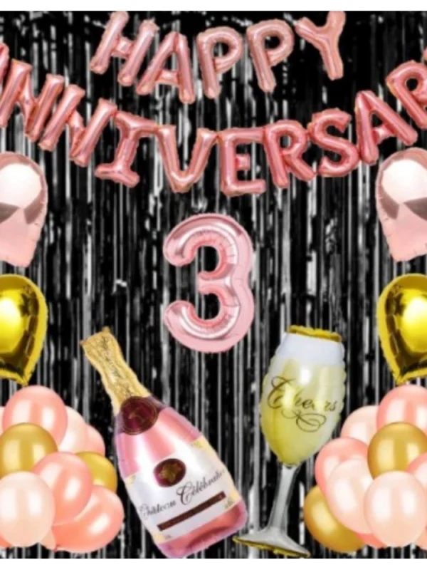 3Rd Anniversary Rose Gold Foil Balloons With Happy Decoration Items Set (Rose Gold)