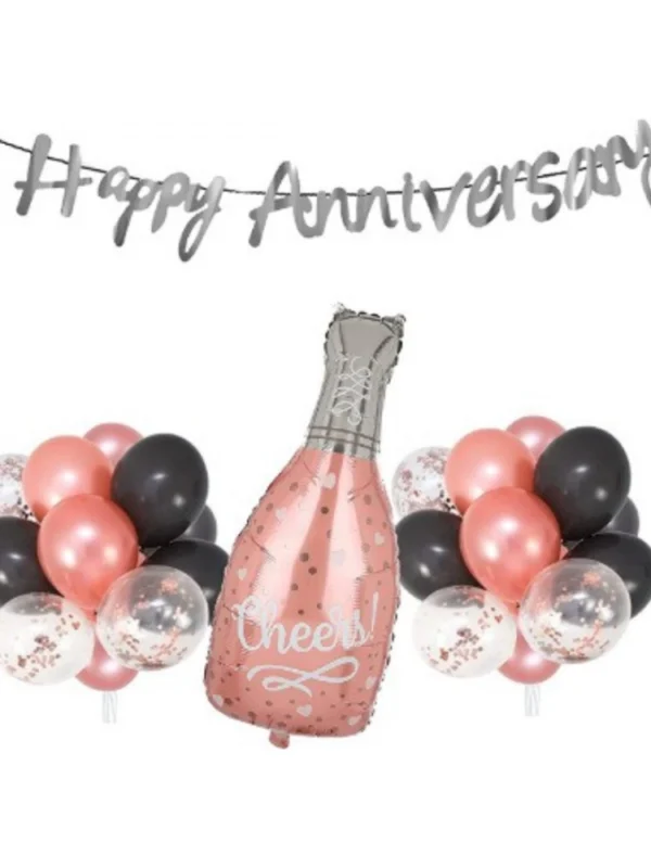 Happy Anniversary Decoration Set Cheer Bottle And Foil Balloons (Rose Gold)