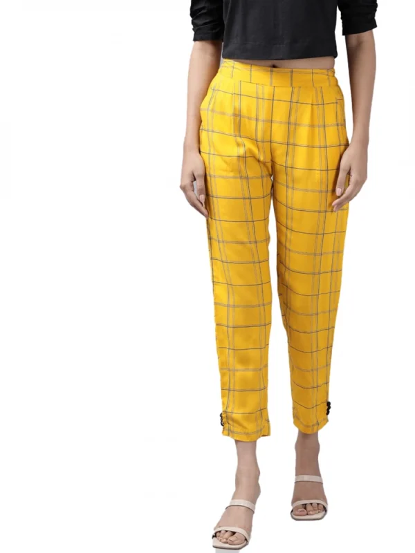Women's Casual Checked Rayon Trouser Pant (Yellow)