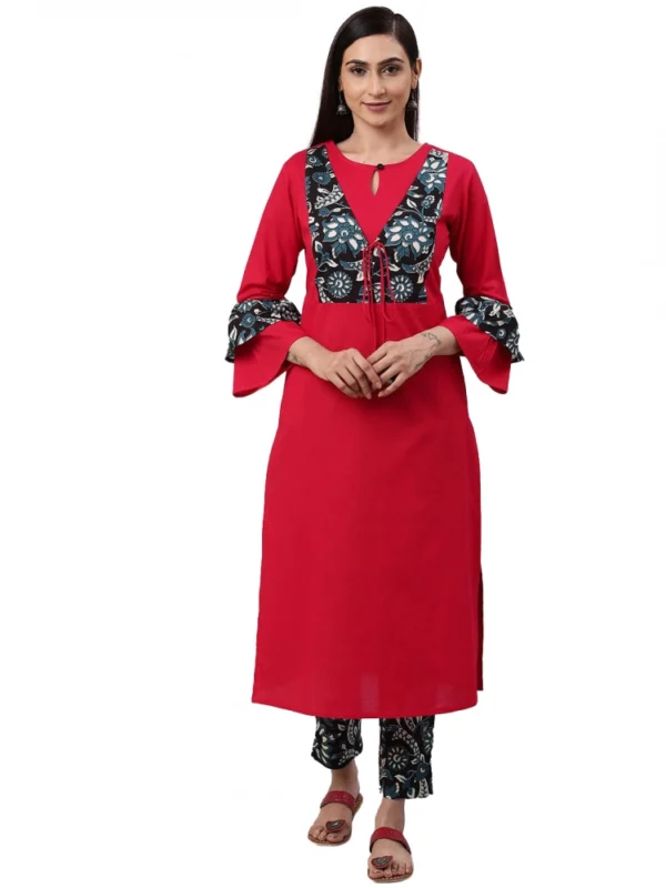 Women's Casual Bell Sleeves Floral Printed Cotton Kurti Set (Rani Pink)