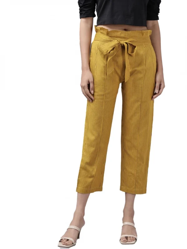 Women's Casual Printed Cotton Flex Trouser Pant (Mustard)