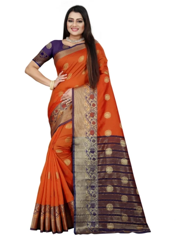 Women's Silk Blend Woven Saree With Unstitched Blouse 5.5Mtr (Blue-Orange)