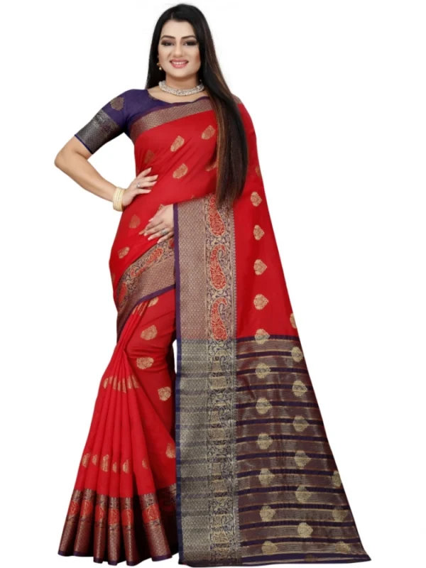 Women's Silk Blend Woven Saree With Unstitched Blouse 5.5Mtr (Purple-Red)