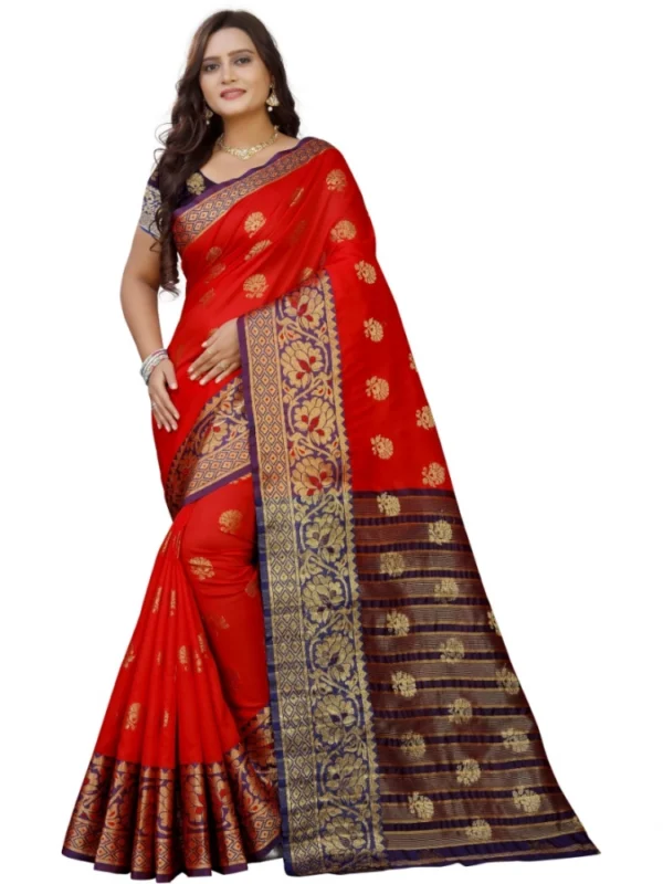 Women's Silk Blend Woven Saree With Unstitched Blouse 5.5Mtr (Purple-Red)