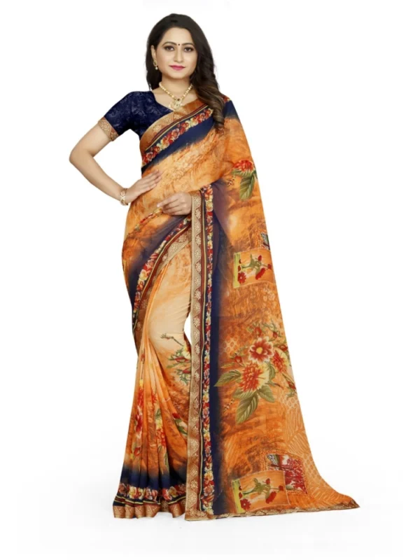 Women's Georgette Floral Print Saree With Unstitched Blouse 5.5Mtr (Blue-Orange)