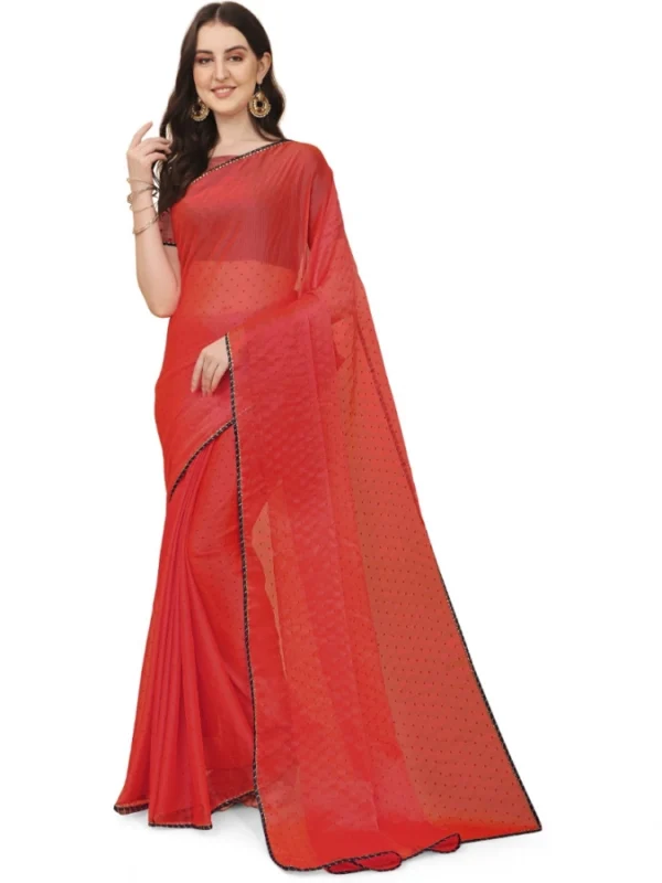 Women's Silk Blend Embellished Saree With Unstitched Blouse 5.5Mtr (Red)