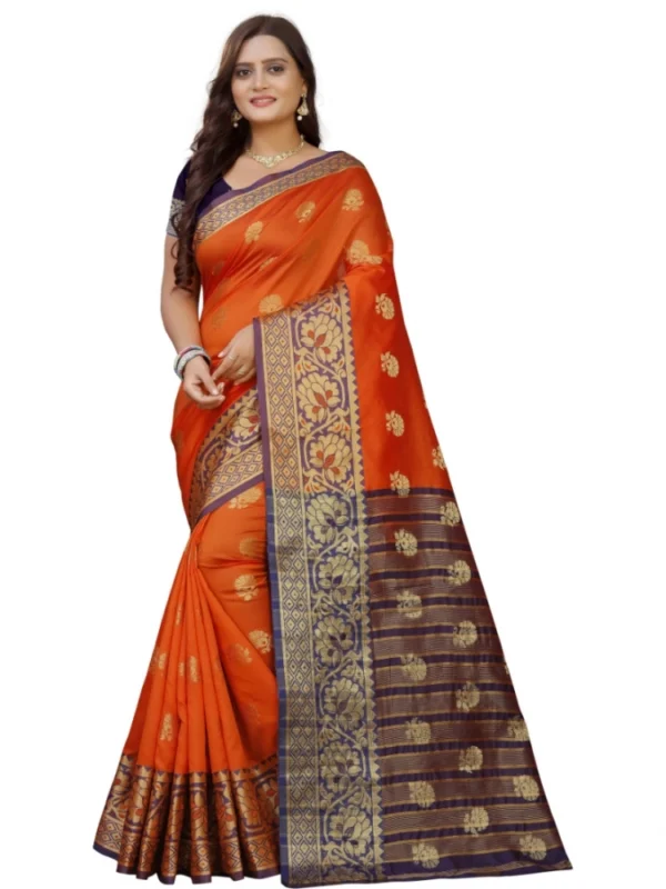 Women's Silk Blend Woven Saree With Unstitched Blouse 5.5Mtr (Gold-Orange)