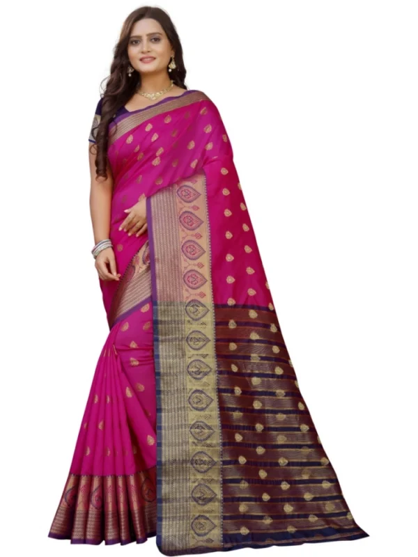 Women's Silk Blend Woven Saree With Unstitched Blouse 5.5Mtr (Purple-Pink)