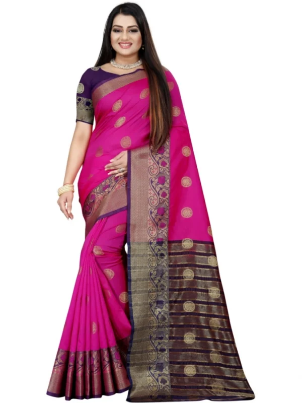 Women's Silk Blend Woven Saree With Unstitched Blouse 5.5Mtr (Blue-Pink)