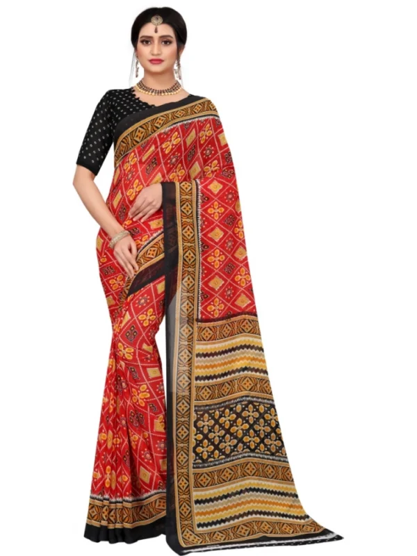 Women's Georgette Floral Print Saree With Unstitched Blouse 5.5Mtr (Red)