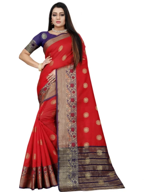 Women's Silk Blend Woven Saree With Unstitched Blouse 5.5Mtr (Red-Blue)