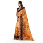 Women's Georgette Floral Print Saree With Unstitched Blouse 5.5Mtr (Blue-Orange) - Image 2