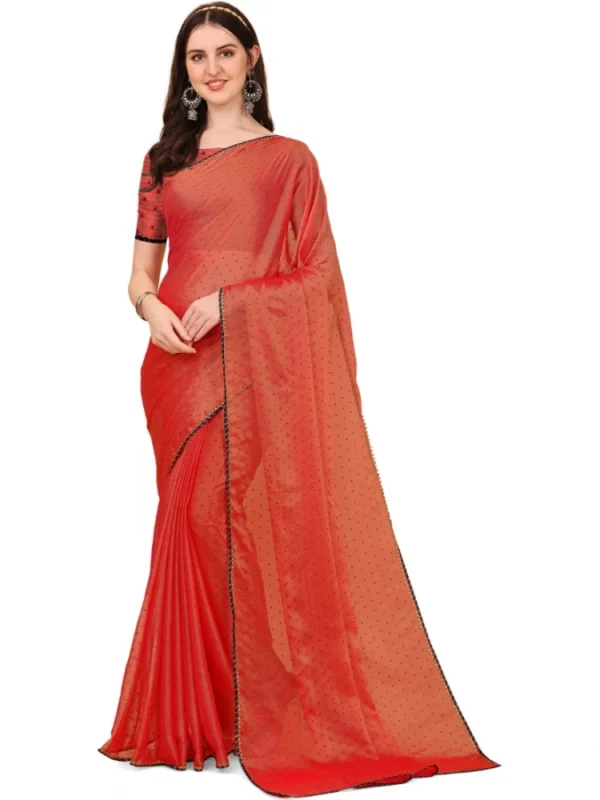 Women's Silk Blend Embellished Saree With Unstitched Blouse 5.5Mtr (Red)